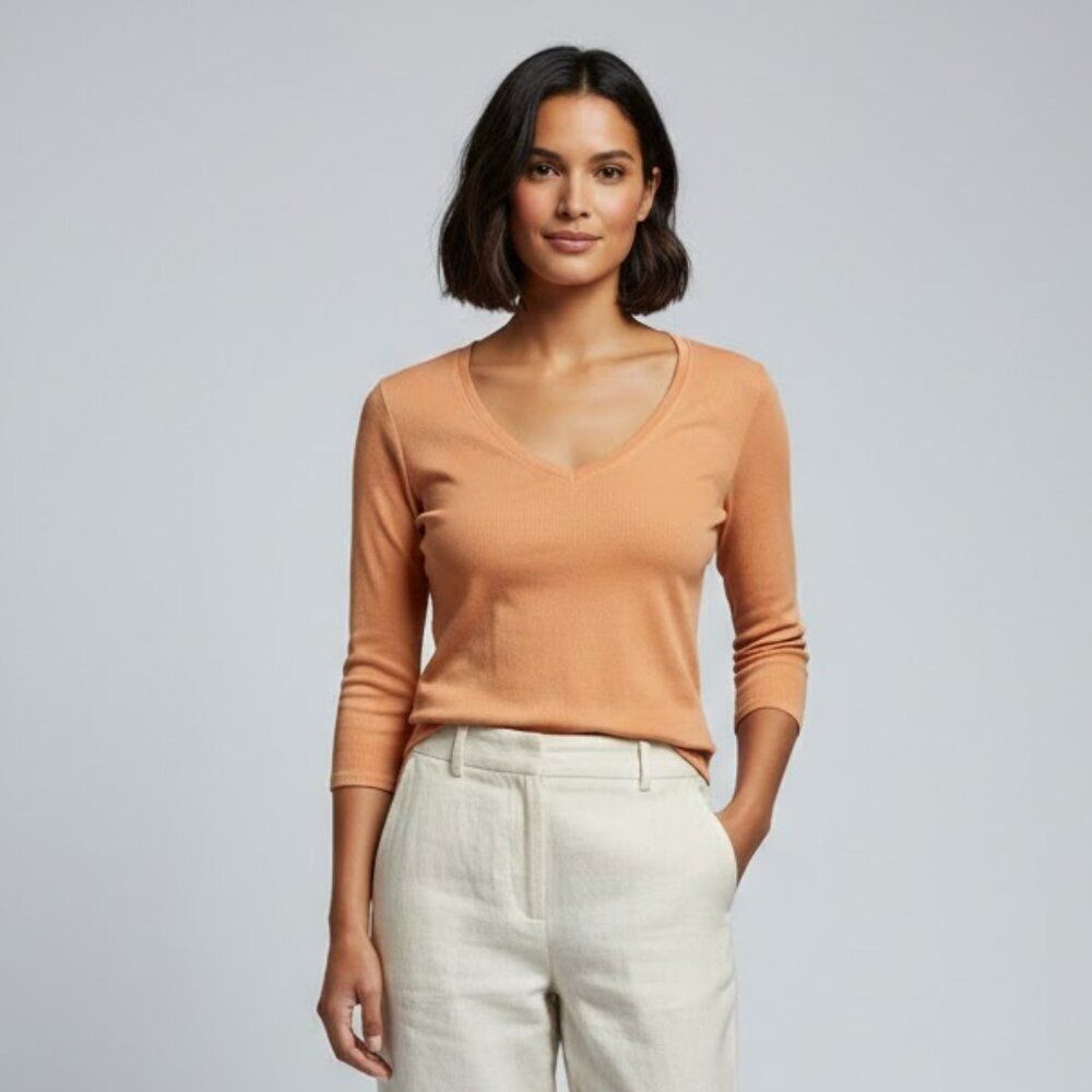 Eileen Fisher Apricot Organic Cotton Baby Rib 3/4-Sleeve Top Size X-Small NWOT